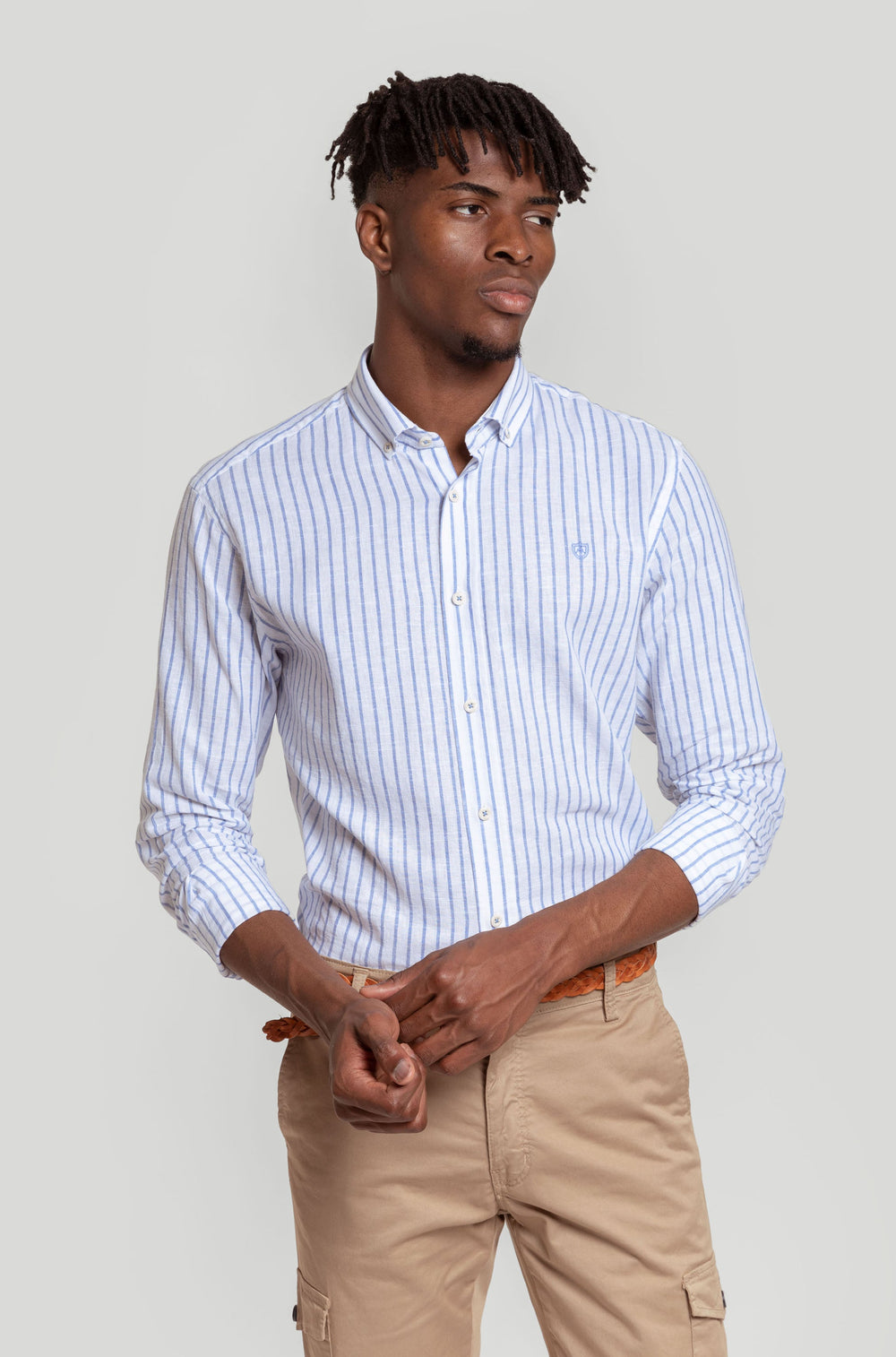 Camisa Sport Algodón Lino Rayas Celeste SKU 0.30972