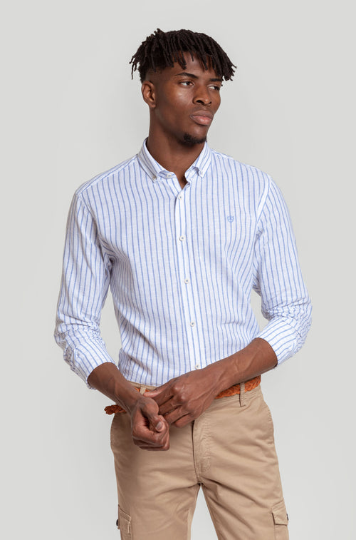 Camisa Sport Algodón Lino Rayas Celeste SKU 0.30972