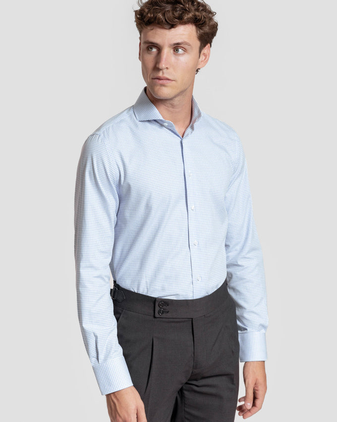 Camicia elegante a quadri piccoli azzurra, codice articolo 0.32185